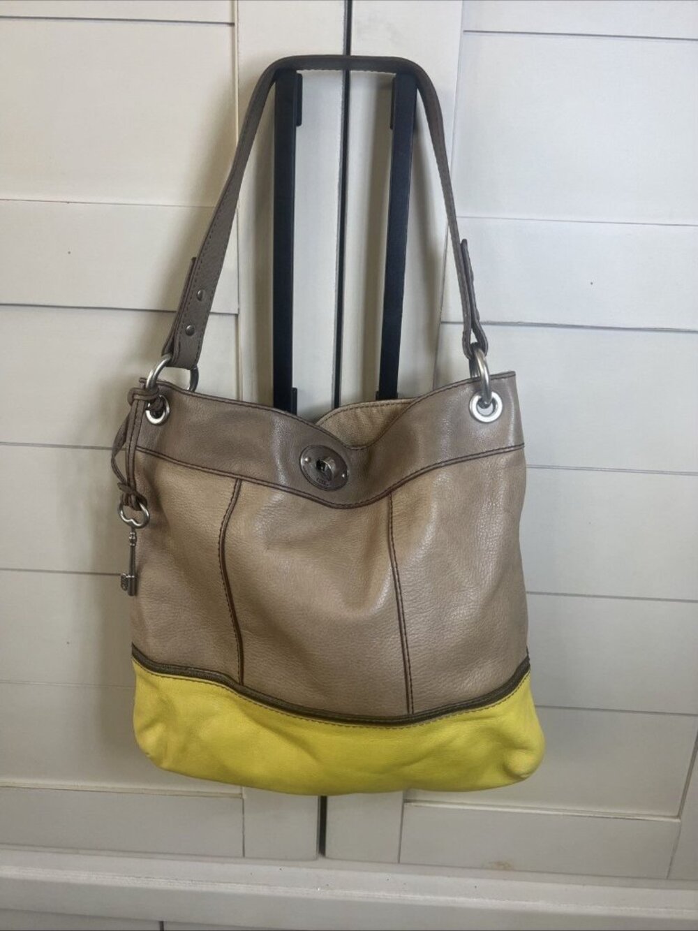 FOSSIL leather KeyTote TAN brown And Yellow Shoulder & HandBag Purse Two Tone